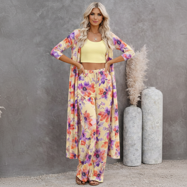 🌸 Women Floral Printed Spandex Shrug, Top & Pant – 3-Piece Co-Ord Set 🌸