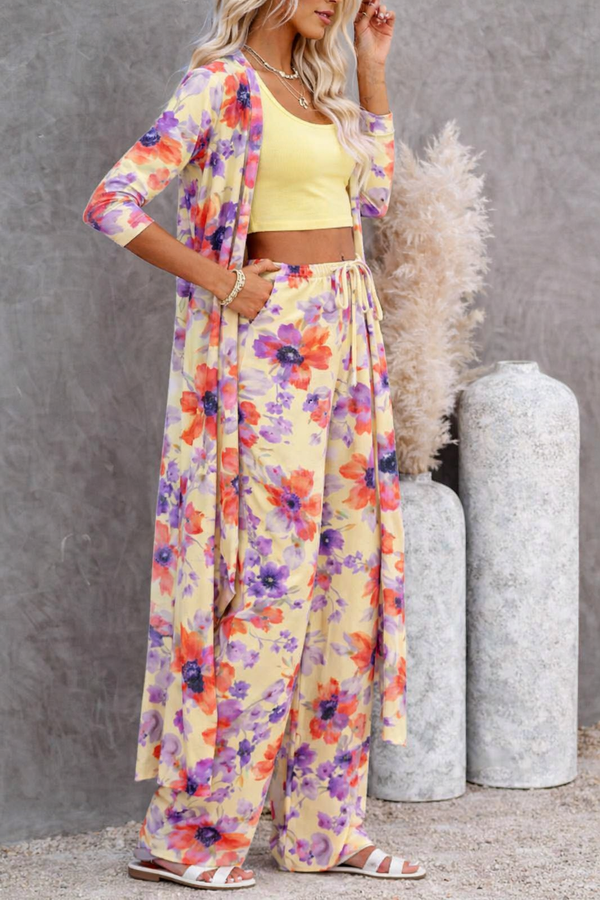 🌸 Women Floral Printed Spandex Shrug, Top & Pant – 3-Piece Co-Ord Set 🌸