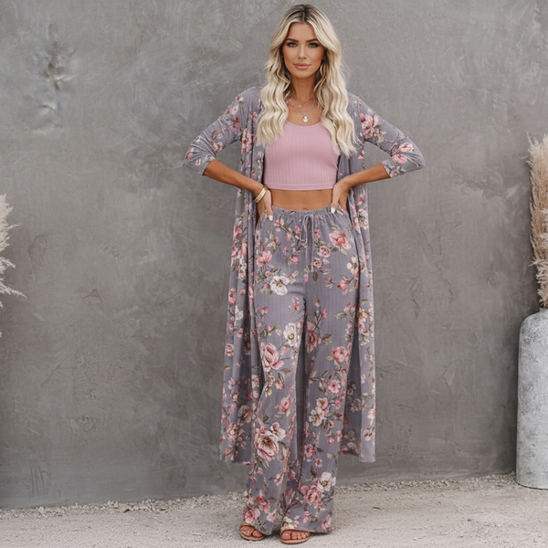 🌸 Women Floral Printed Spandex Shrug, Top & Pant – 3-Piece Co-Ord Set 🌸