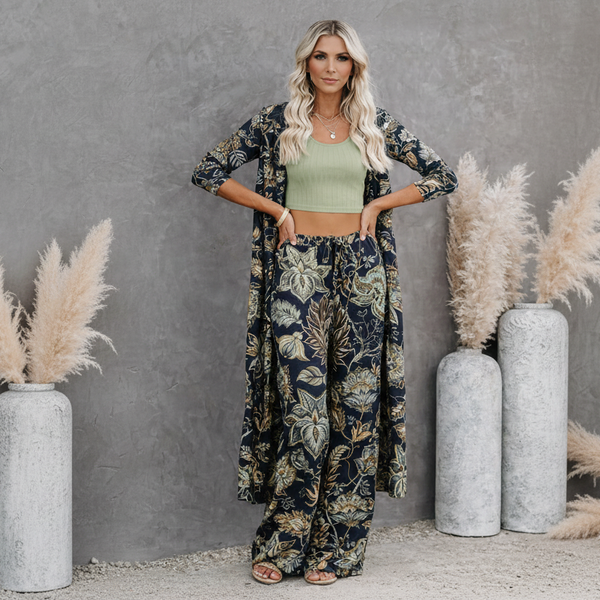 🌸 Women Floral Printed Spandex Shrug, Top & Pant – 3-Piece Co-Ord Set 🌸