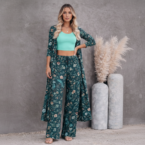 🌸 Women Floral Printed Spandex Shrug, Top & Pant – 3-Piece Co-Ord Set 🌸