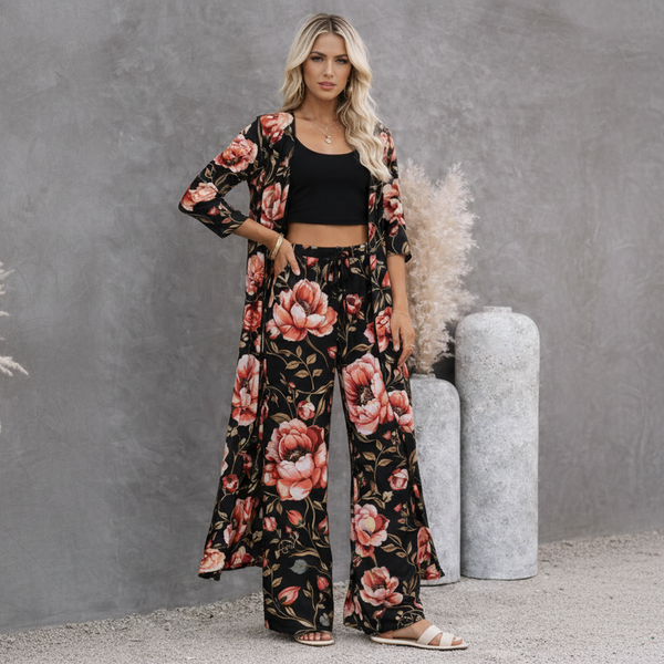 🌸 Women Floral Printed Spandex Shrug, Top & Pant – 3-Piece Co-Ord Set 🌸