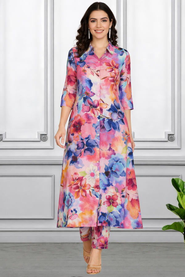 Floral Printed Kurti Pant Co-Ord Set for Women | Polyester Spandex Fabric | Comfortable & Stylish Ethnic Wear