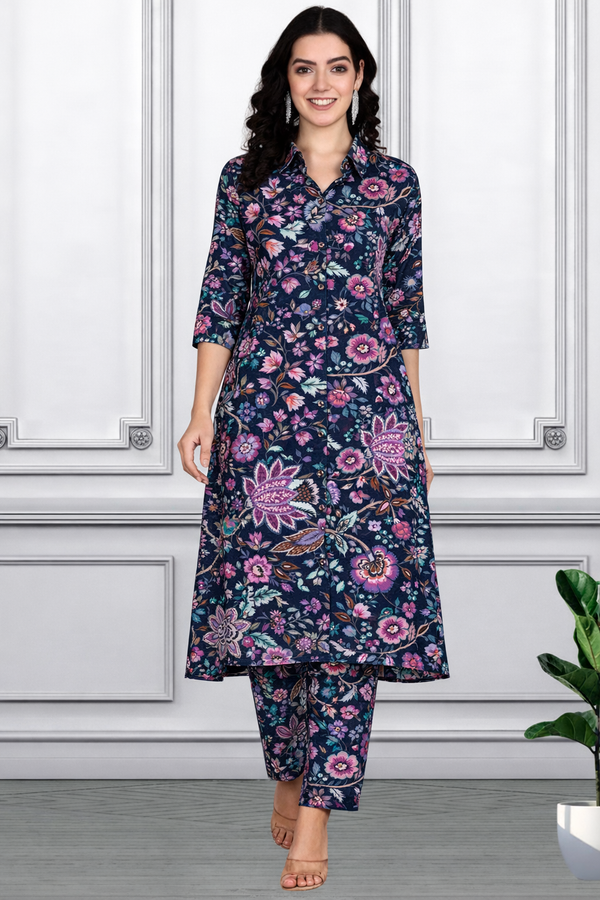 Floral Printed Kurti Pant Co-Ord Set for Women | Polyester Spandex Fabric | Comfortable & Stylish Ethnic Wear