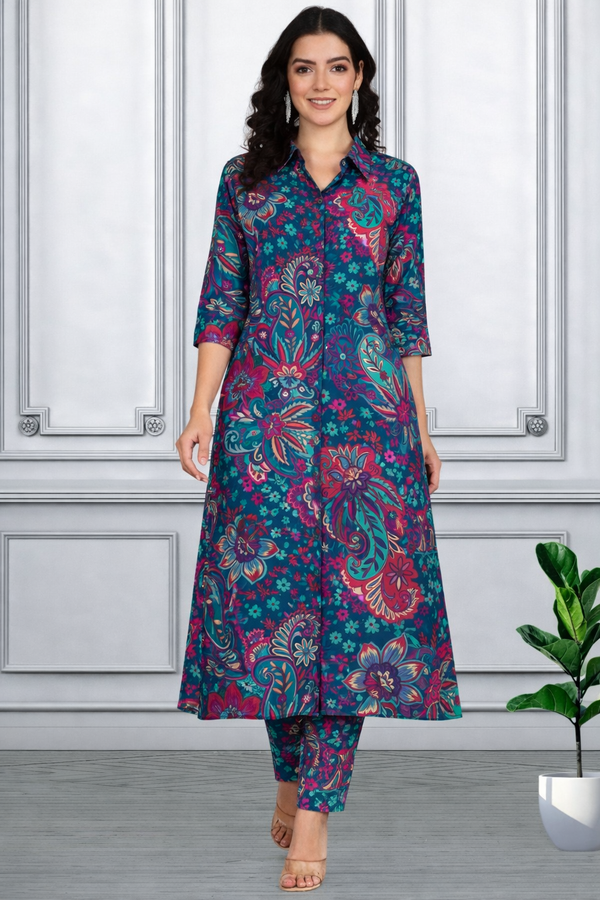 Floral Printed Kurti Pant Co-Ord Set for Women | Polyester Spandex Fabric | Comfortable & Stylish Ethnic Wear