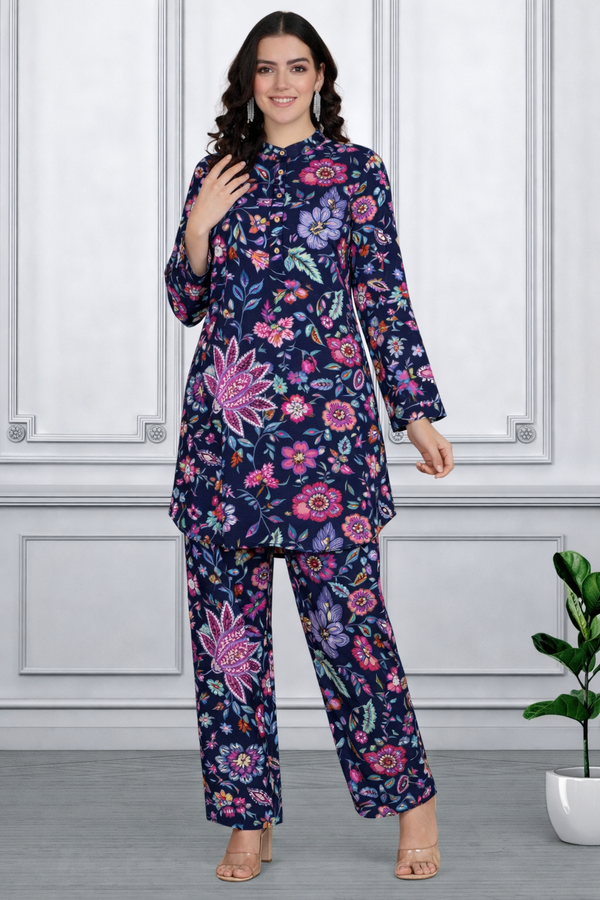 Floral Print Spandex Kurti Pant Co-Ord Set for Women | Stretchable & Comfortable Ethnic Wear