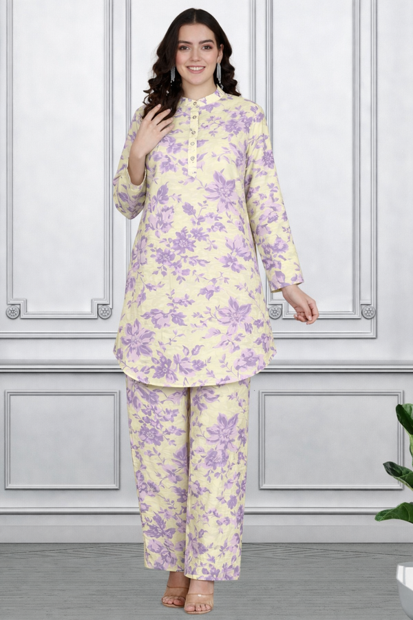 Floral Print Spandex Kurti Pant Co-Ord Set for Women | Stretchable & Comfortable Ethnic Wear