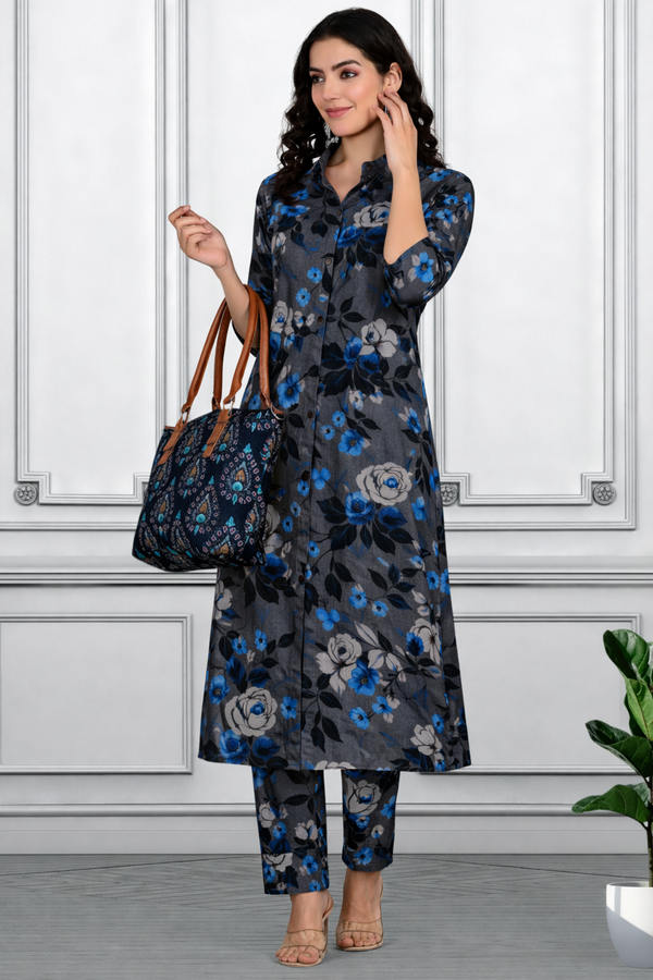 Floral Printed Kurti Pant Co-Ord Set for Women | Polyester Spandex Fabric | Comfortable & Stylish Ethnic Wear