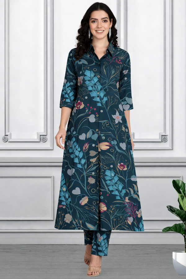 Floral Printed Kurti Pant Co-Ord Set for Women | Polyester Spandex Fabric | Comfortable & Stylish Ethnic Wear