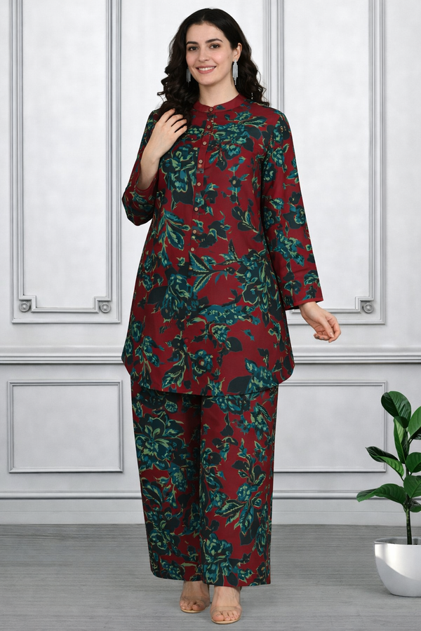 Floral Print Spandex Kurti Pant Co-Ord Set for Women | Stretchable & Comfortable Ethnic Wear