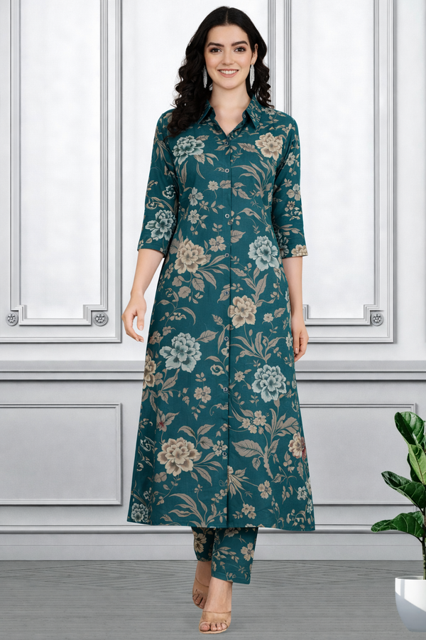 Floral Printed Kurti Pant Co-Ord Set for Women | Polyester Spandex Fabric | Comfortable & Stylish Ethnic Wear