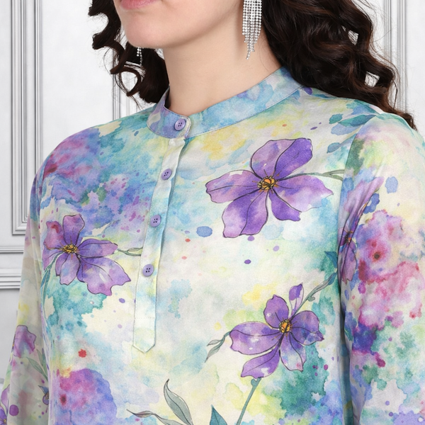 Floral Print Spandex Kurti Pant Co-Ord Set for Women | Stretchable & Stylish Ethnic Wear