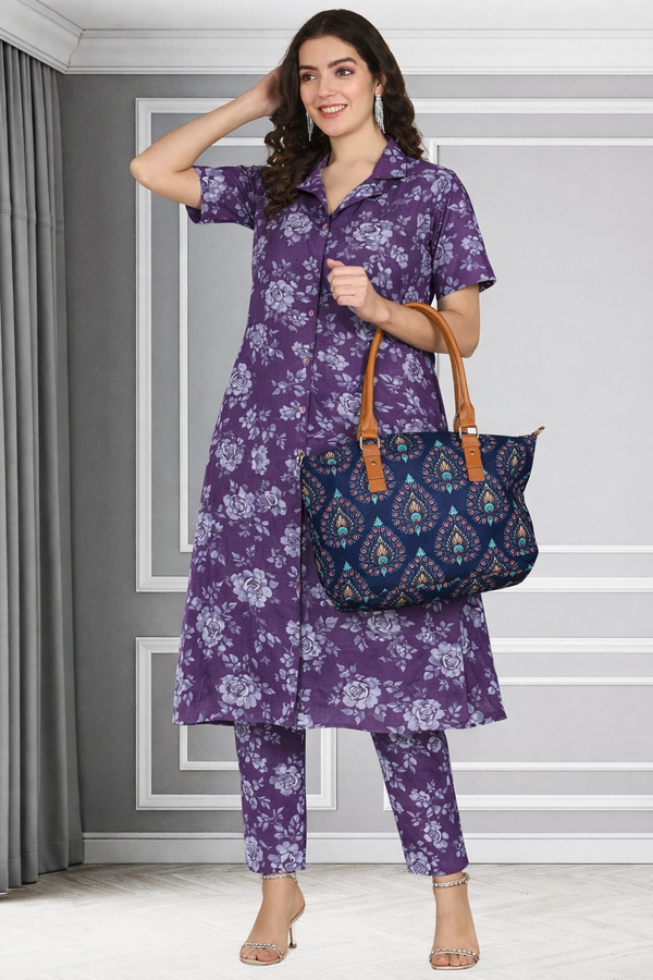 Floral Print Spandex Kurti Pant Co-Ord Set for Women 🌸