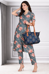 Floral Print Spandex Kurti Pant Co-Ord Set for Women 🌸