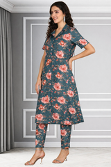 Floral Print Spandex Kurti Pant Co-Ord Set for Women 🌸