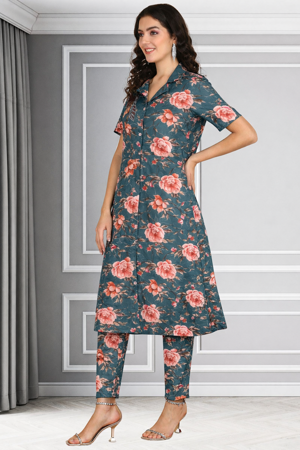 Floral Print Spandex Kurti Pant Co-Ord Set for Women 🌸