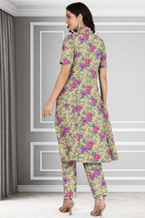 Floral Print Spandex Kurti Pant Co-Ord Set for Women 🌸