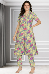 Floral Print Spandex Kurti Pant Co-Ord Set for Women 🌸