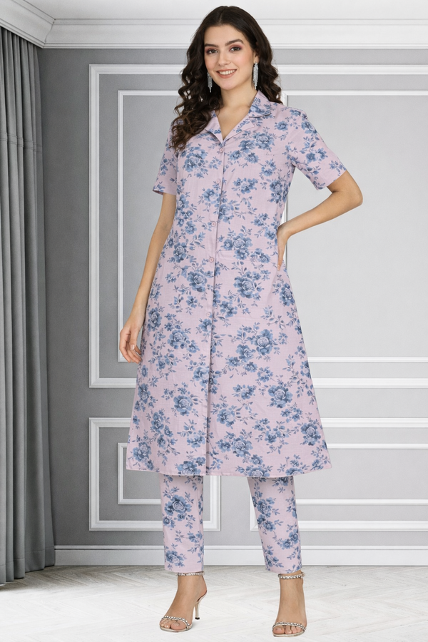 Floral Print Spandex Kurti Pant Co-Ord Set for Women 🌸