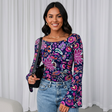 🌸 Floral Printed Spandex Top with Bell Sleeves 🌸