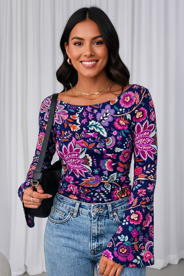 🌸 Floral Printed Spandex Top with Bell Sleeves 🌸