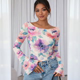 🌸 Floral Printed Spandex Top with Bell Sleeves 🌸