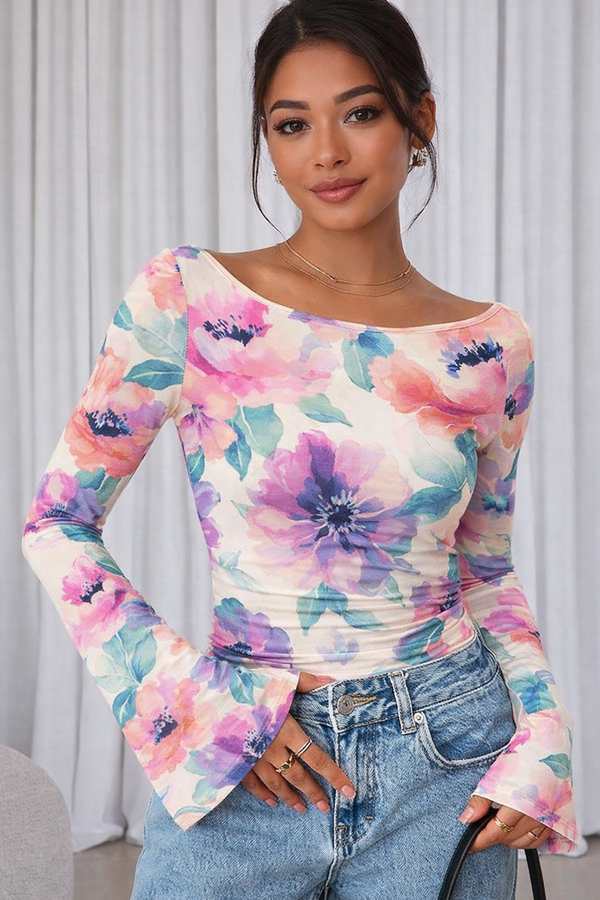 🌸 Floral Printed Spandex Top with Bell Sleeves 🌸