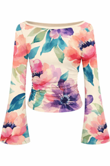🌸 Floral Printed Spandex Top with Bell Sleeves 🌸