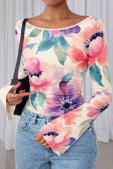 🌸 Floral Printed Spandex Top with Bell Sleeves 🌸