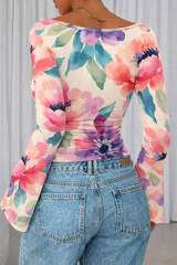 🌸 Floral Printed Spandex Top with Bell Sleeves 🌸