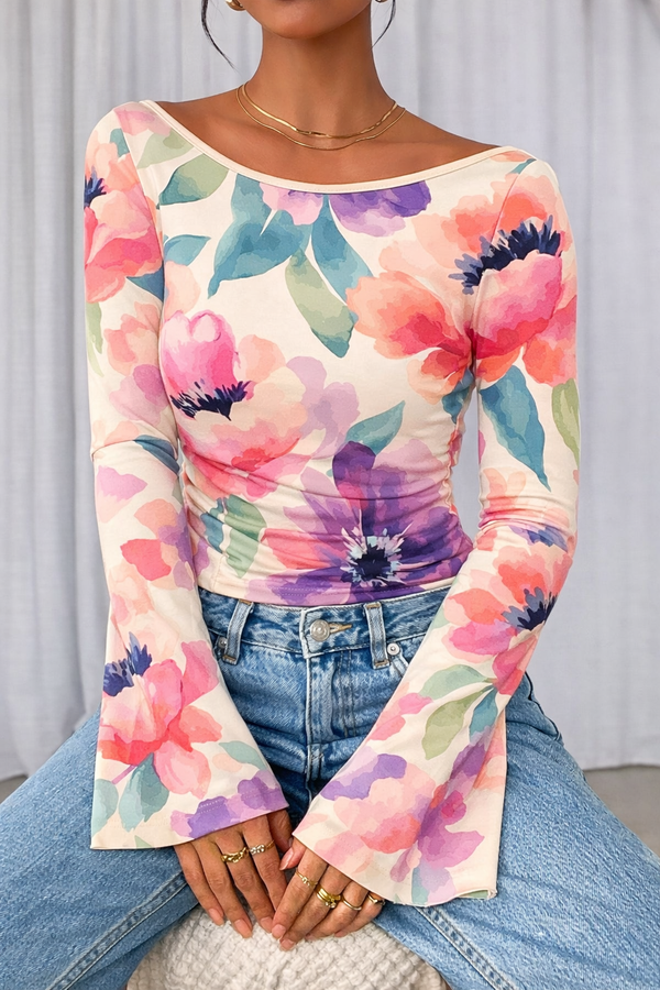 🌸 Floral Printed Spandex Top with Bell Sleeves 🌸