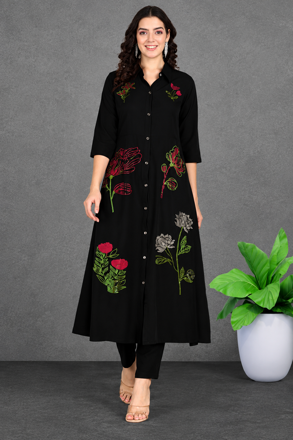 Women's Sequins Motifs Embellished Asymmetric Kurti Pant Set