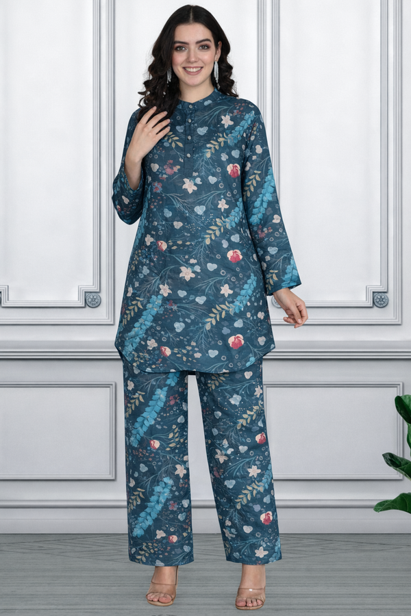 Floral Print Spandex Kurti Pant Co-Ord Set for Women | Stretchable & Comfortable Ethnic Wear
