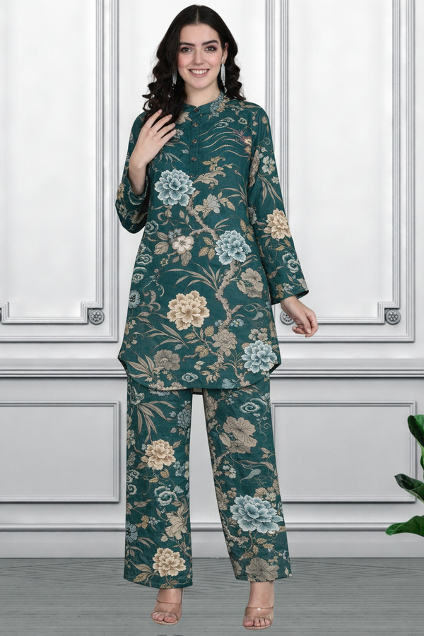 Floral Print Spandex Kurti Pant Co-Ord Set for Women | Stretchable & Stylish Ethnic Wear