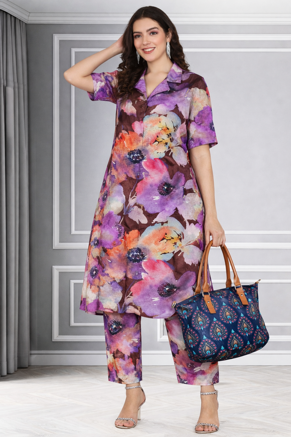 🌸 Floral Print Spandex Kurti Pant Co-Ord Set for Women 🌸
