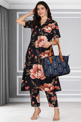 Floral Printed Kurti Pant Co-Ord Set in Stretchable Spandex Fabric