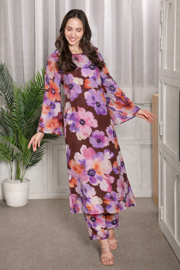 ✨ Floral Printed Kurti Pant Co-Ord Set (Spandex Fabric) ✨