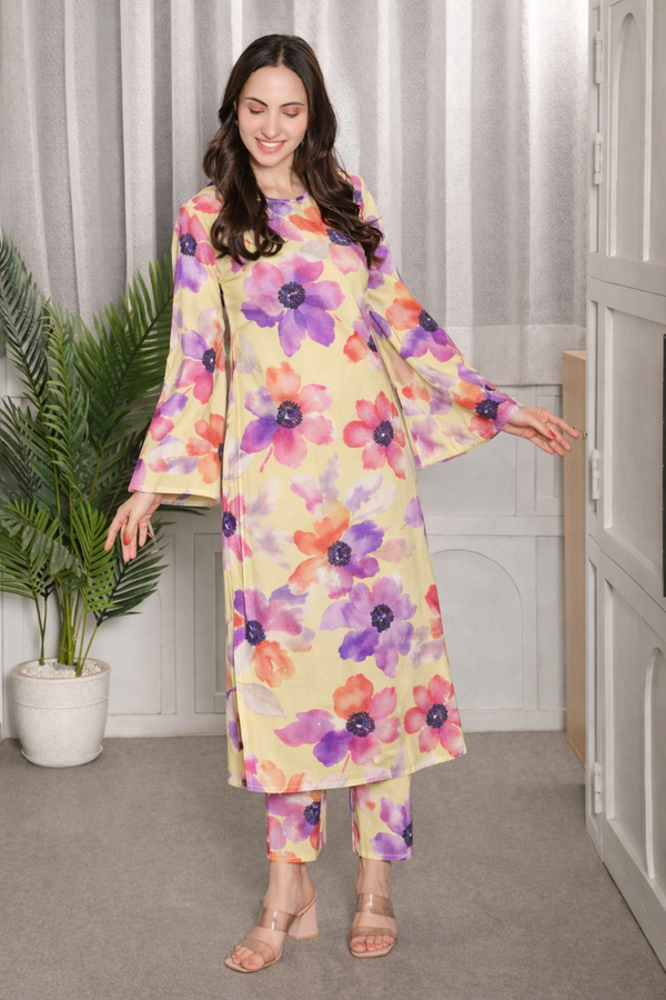 🌸 Floral Printed Kurti Pant Co-Ord Spandex Set 🌸