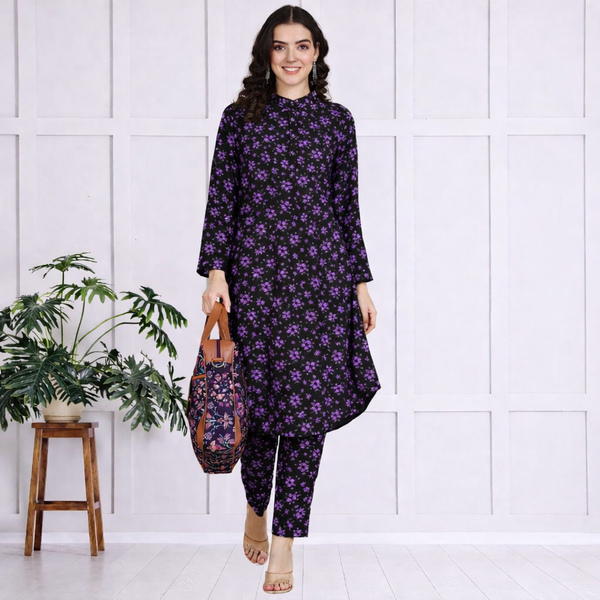🌸 Floral Printed Spandex Kurti Pant Co-Ord Set 🌸