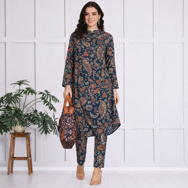 🌸 Floral Print Spandex Kurti Pant Co-Ord Set 🌸