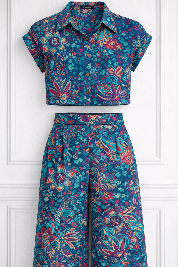 Women’s Floral Printed Spandex Short Sleeve Shirt & Pant Co-Ord Set 🌺