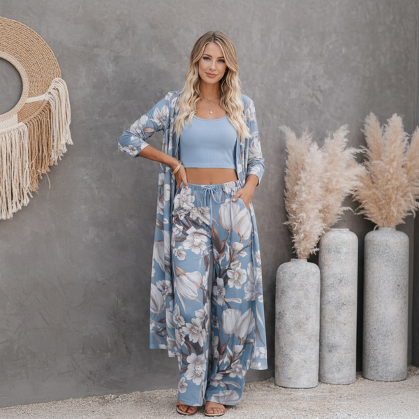 🌸 Women Floral Printed Spandex Shrug, Top & Pant – 3-Piece Co-Ord Set 🌸
