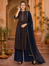 Navy Blue Printed Cotton Kurti with Rayon Palazzo Pants & Dupatta Set