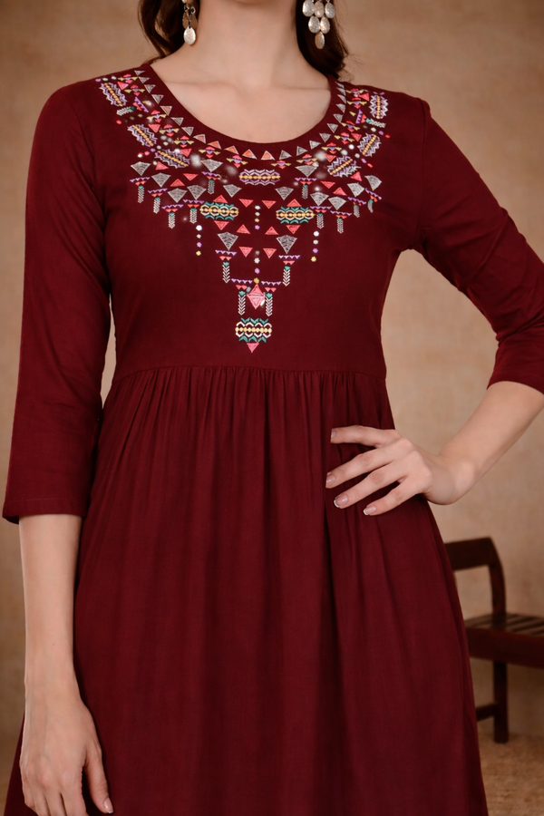 🌼 Elegant Maroon Embroidered Rayon Kurti Pant Set with Georgette Dupatta