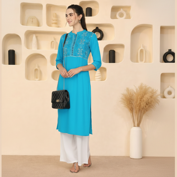 Women’s Embroidered Rayon Kurti Palazzo Set | Elegant Ethnic Co-ord Set