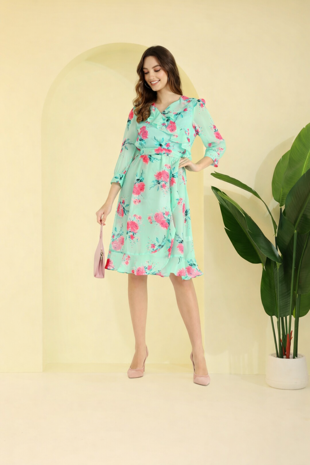knee length georgette dress Floral Rayon Knee-Length Dress in Blue and Green