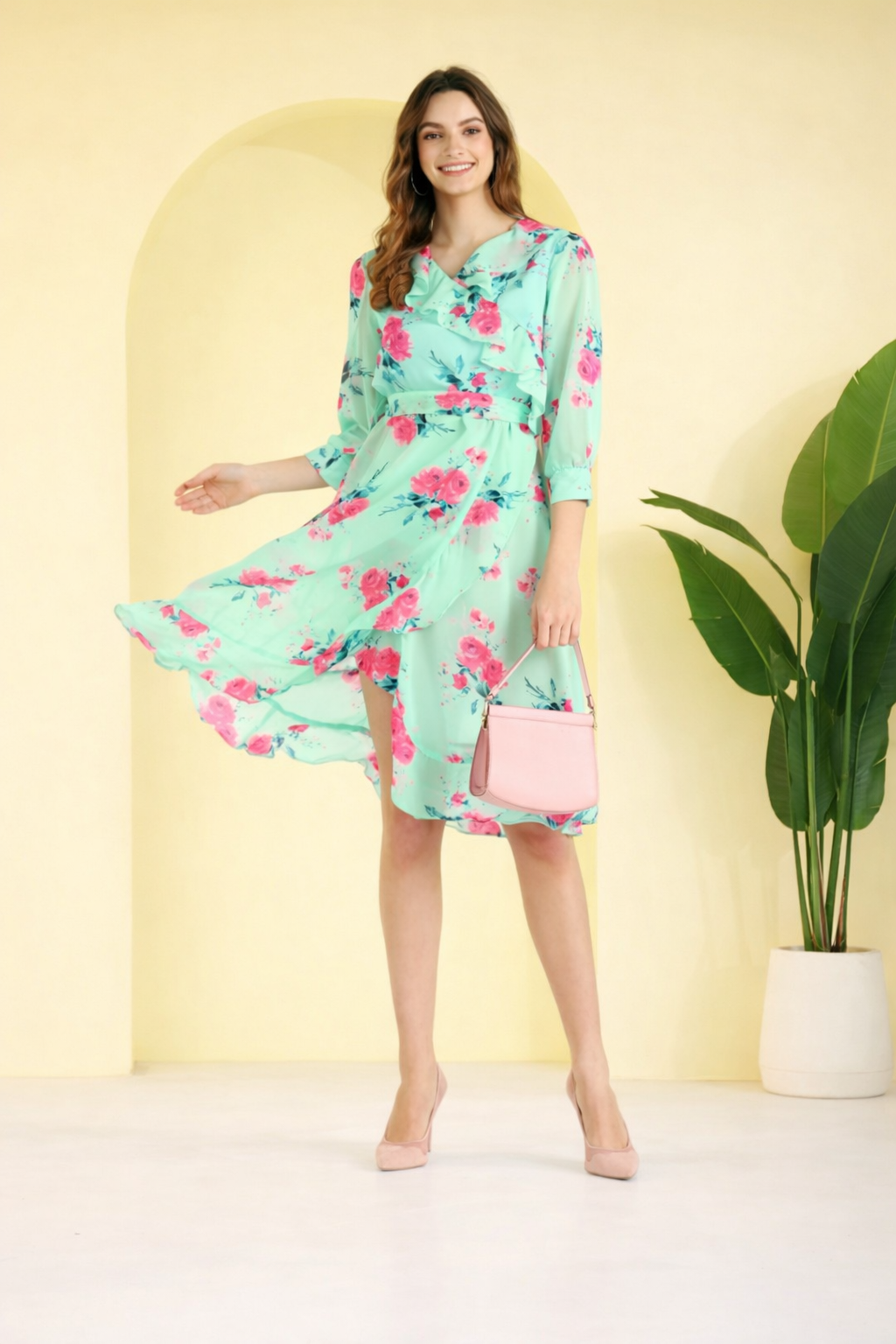 Floral Print Knee-Length Georgette Dress – Ethnichic