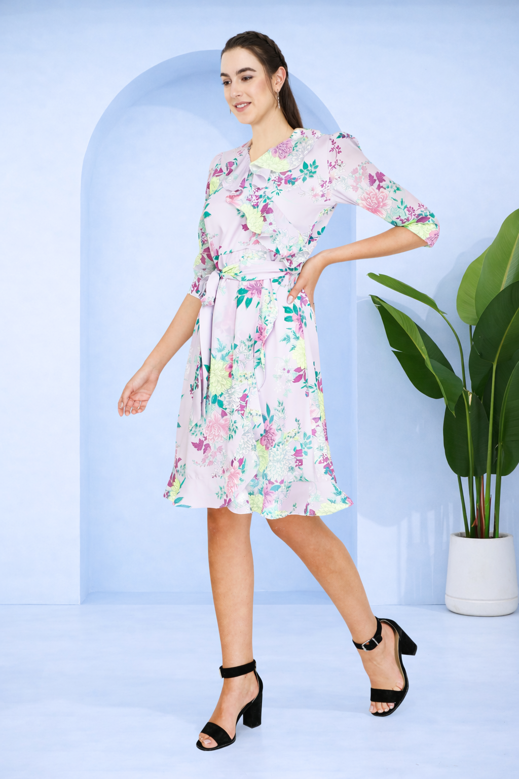 knee length georgette dress Dressberry Womens Printed Poly Georgette Dress Round Neck Long Bell Sleeves Knee Length Regular Wear Light Weighted Casual Summer Dress, Women's, Size
