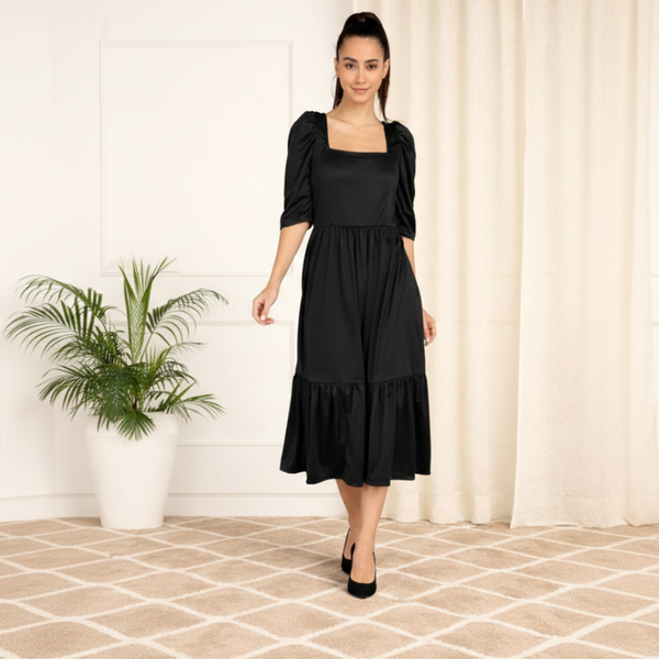 Sleek Sophistication Calf-Length Spandex Black Dress
