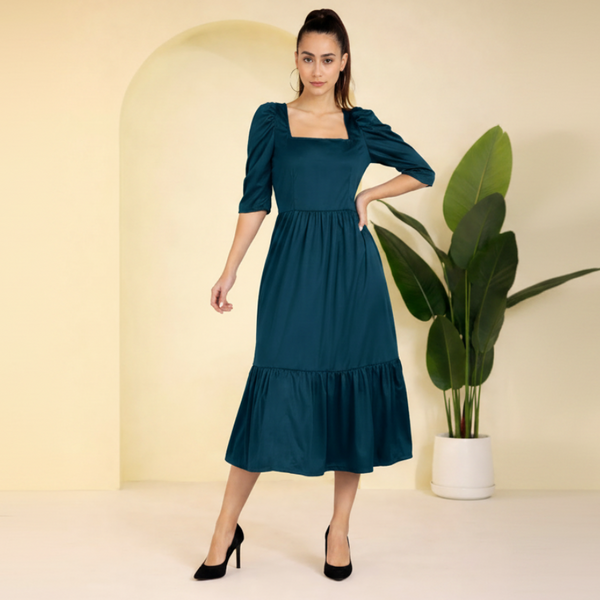 Sleek Sophistication Calf-Length Spandex Blue Dress